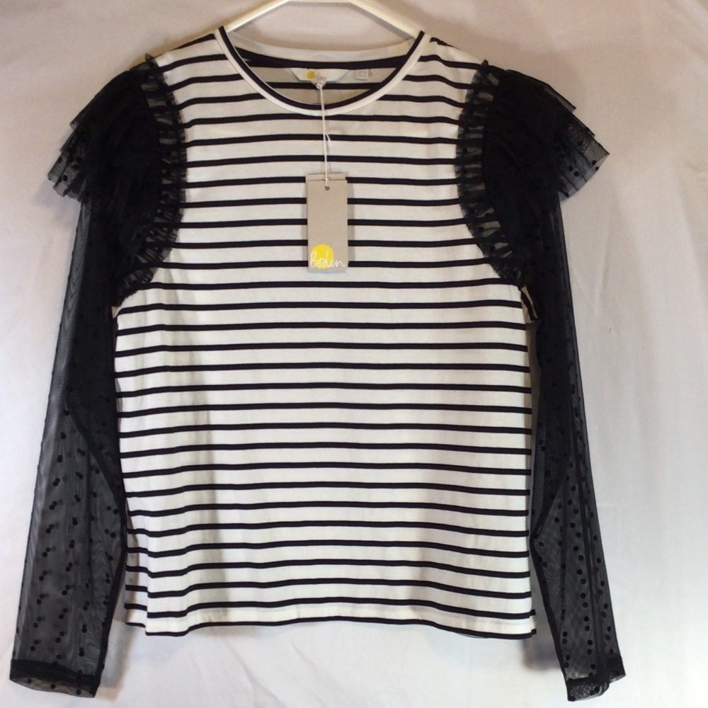 Boden Striped Ruffle Mesh Sleeve Top Size 8 NWT Black White Polka Dot Chic